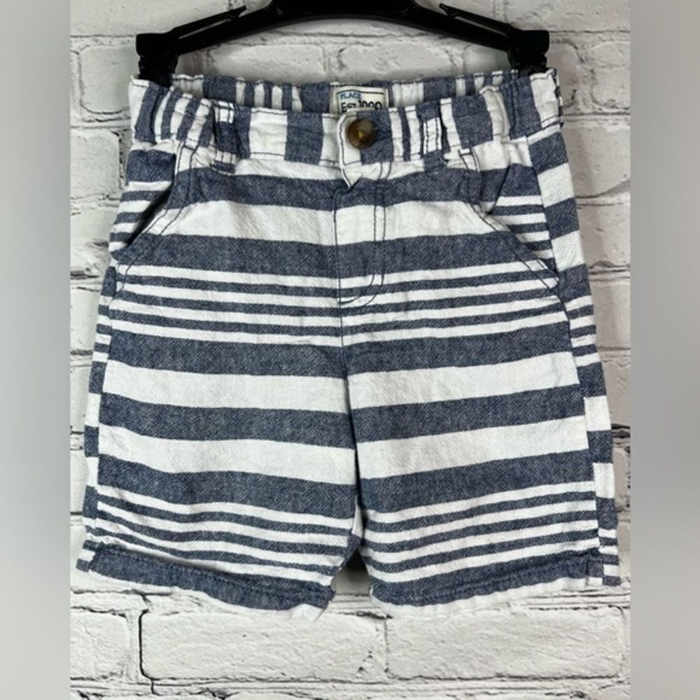 Children's place blue white striped linen blend boy adjustable waist shorts 4t